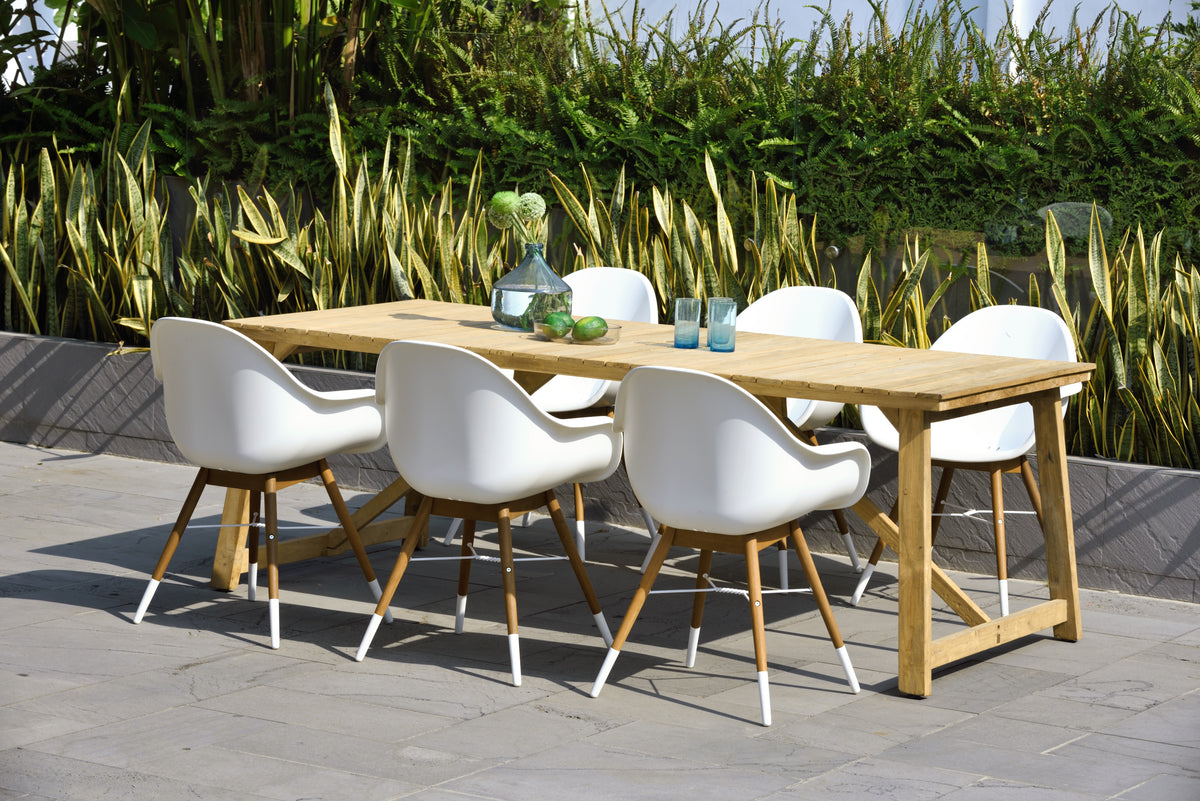 WAS $1599 NOW $699 BRAND NEW 7-Piece Outdoor Dining Set with Rustic Teak Wood Table and White Chairs - Patio Furniture Set