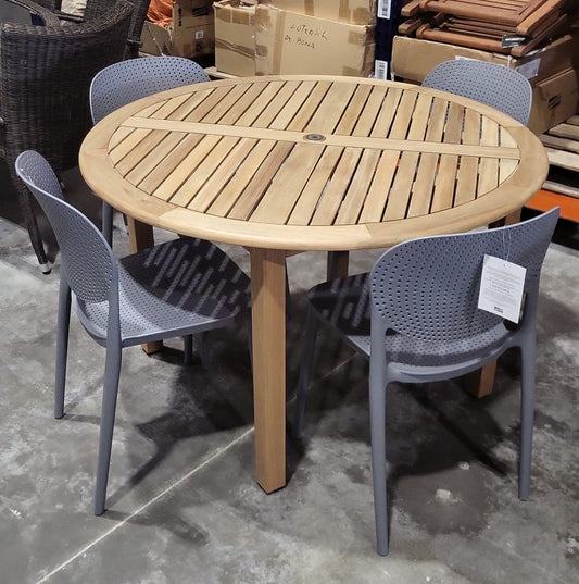 WAS $1299. NOW $699 *BRAND NEW* OPEN BOX 5 Piece Outdoor Furniture Round 100% FSC Certified Wood Table With Grey Chairs Dining Set