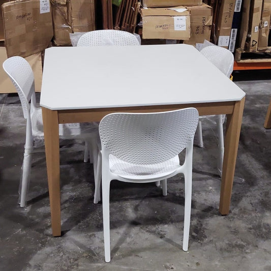 WAS $1299. NOW $699 *BRAND NEW* OPEN BOX 5 Piece Outdoor Furniture Duraboard & FSC Table With White Chairs Dining Set