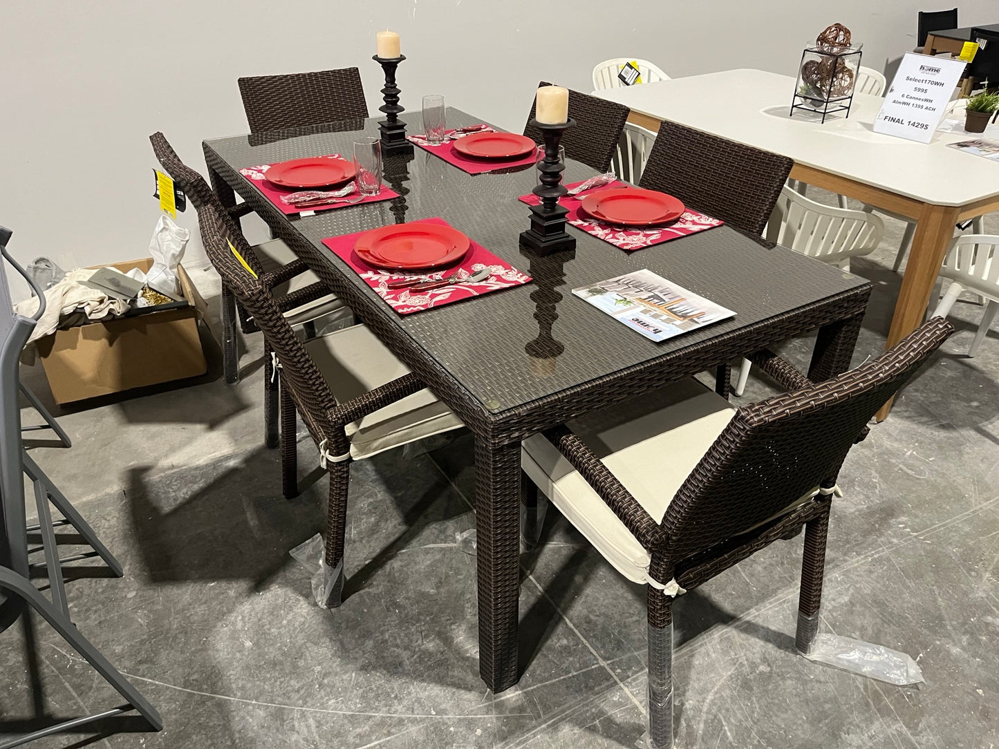 WAS $1699 NOW $899. Open Box (never used) Rectangular Table For Outdoor & Indoor With Brown Cushions Chairs