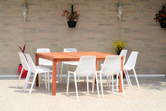 WAS $1599. NOW $799 *BRAND NEW* 9 Piece Square 100% FSC Certified Solid Wood Table Witch White Chairs Dining Set | Ideal Furniture Set For Outdoor