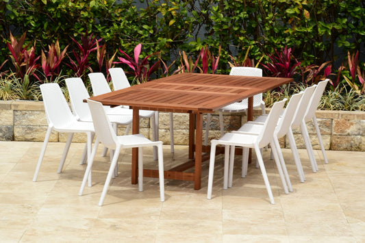 WAS $1899. NOW $999 *BRAND NEW* 11 Piece Extendable Rectangular 100% FSC Certified Solid Wood Table With White Chairs Dining Set | Ideal Furniture Set For Outdoor