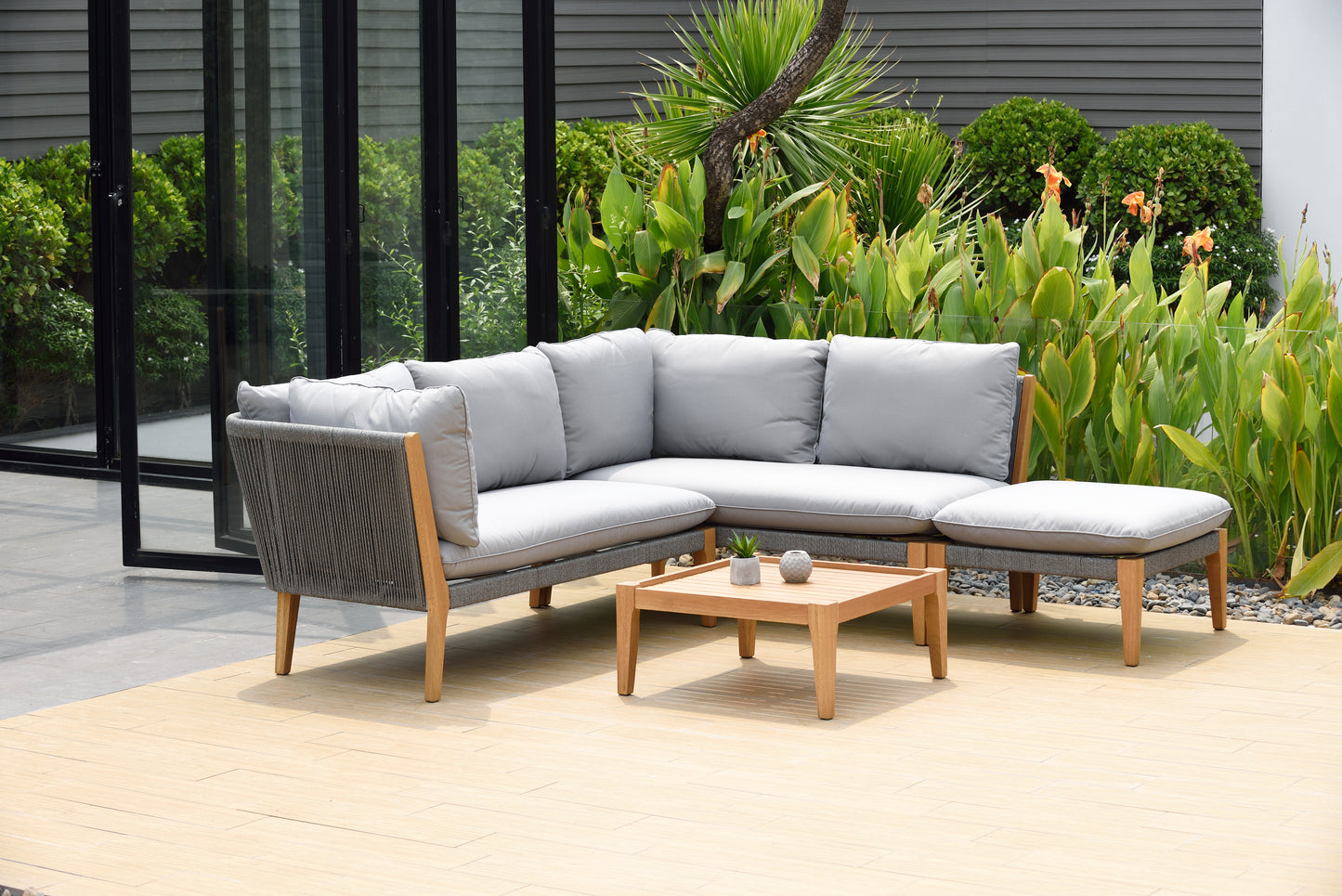 WAS $2499. NOW $999. . BRAND NEW Grey Conversation Set 100% FSC Solid Teak Finish Wood Legs & Olefin, Ideal Furniture For Outdoor