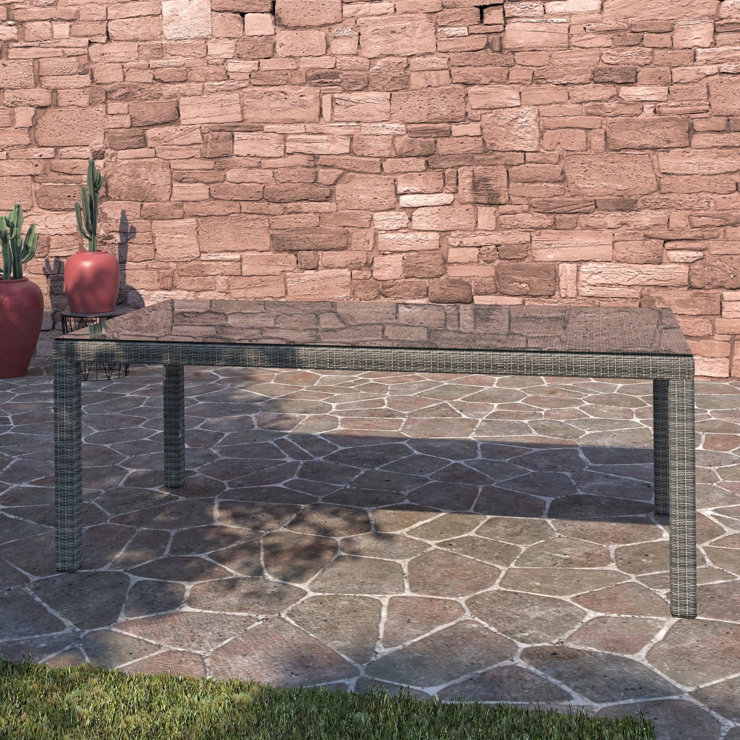 WAS $699 NOW $199 *BRAND NEW* Synthetic Wicker & Glass Rectangular Table