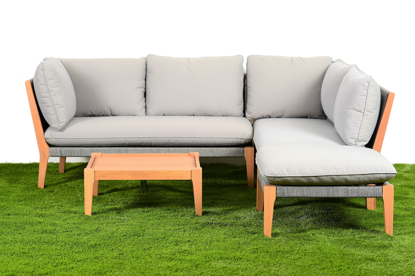 WAS $2499. NOW $999. . BRAND NEW Grey Conversation Set 100% FSC Solid Teak Finish Wood Legs & Olefin, Ideal Furniture For Outdoor