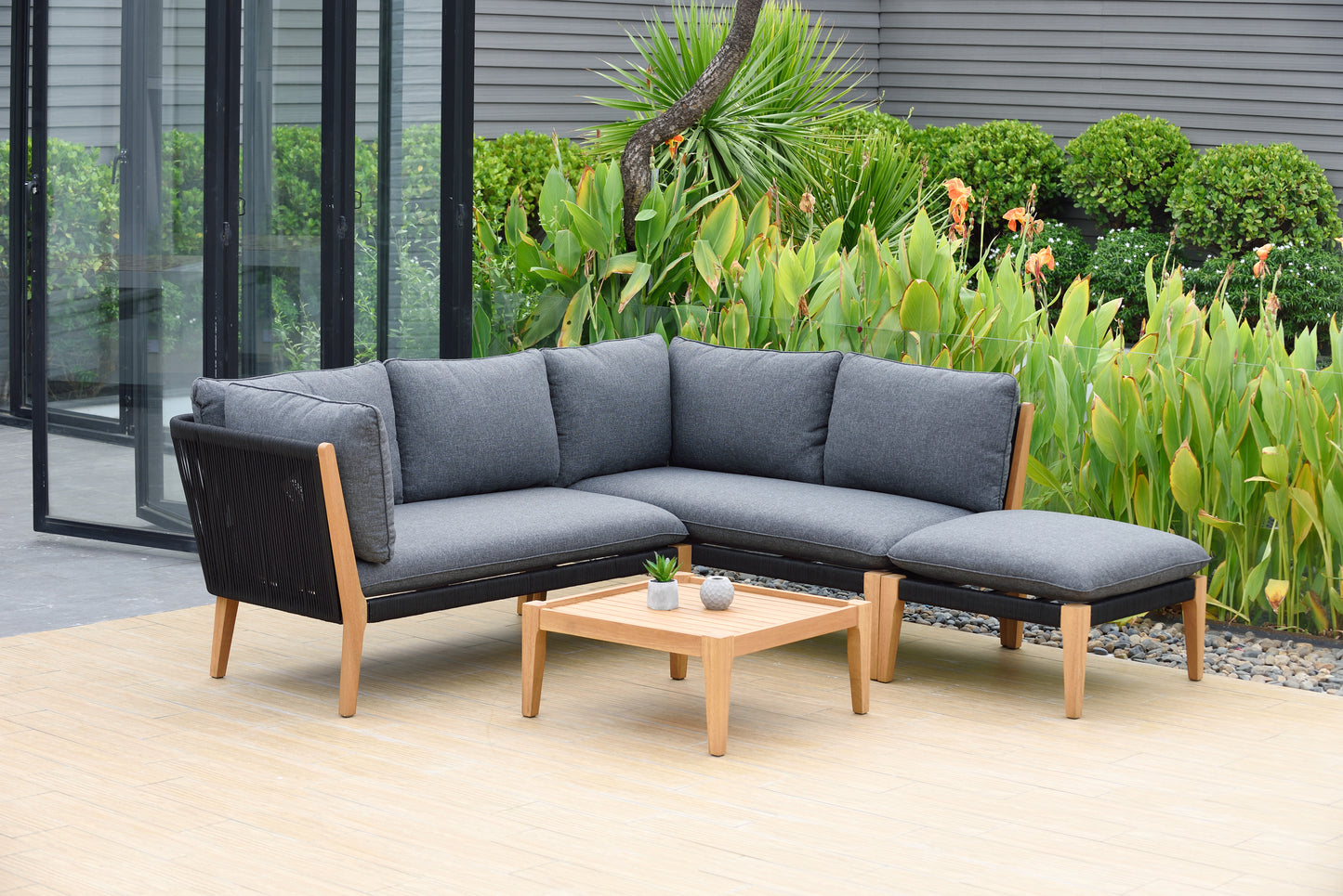 WAS $2499. NOW $999. . BRAND NEW Black Conversation Set 100% FSC Solid Teak Finish Wood Legs & Olefin, Ideal Furniture For Outdoor