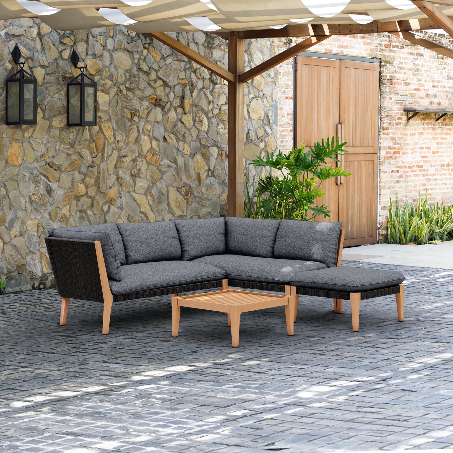 WAS $2499. NOW $999. . BRAND NEW Black Conversation Set 100% FSC Solid Teak Finish Wood Legs & Olefin, Ideal Furniture For Outdoor