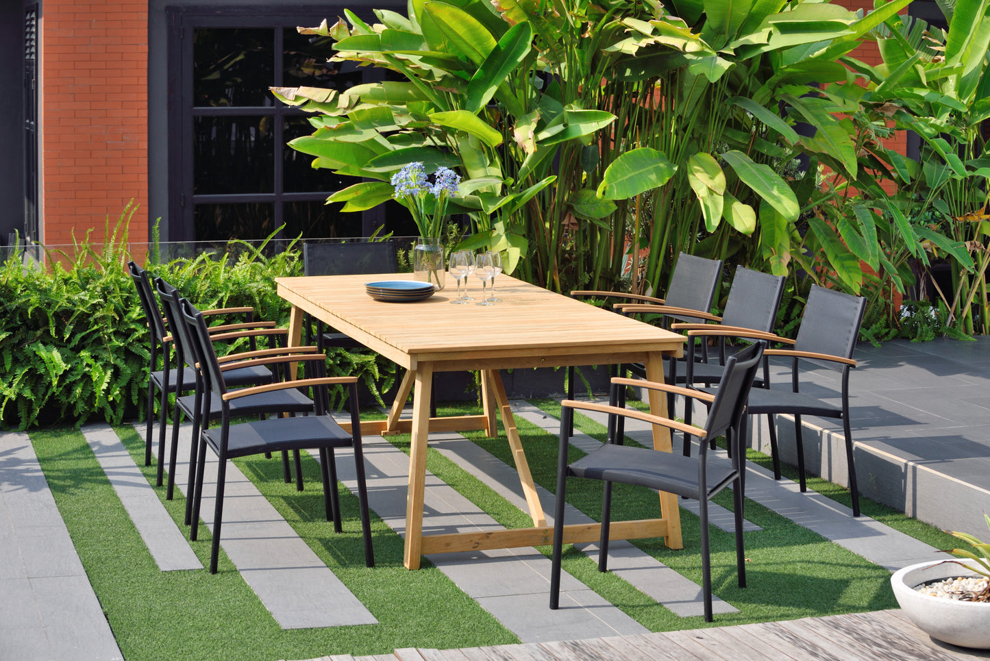 WAS $1999 NEW $999 BRAND NEW 9 Pieces Dining Set Made Of Aluminum With Weather Net Chairs And FSC Teak Solid Wood Dining Table - Ideal Furniture Set For Outdoor