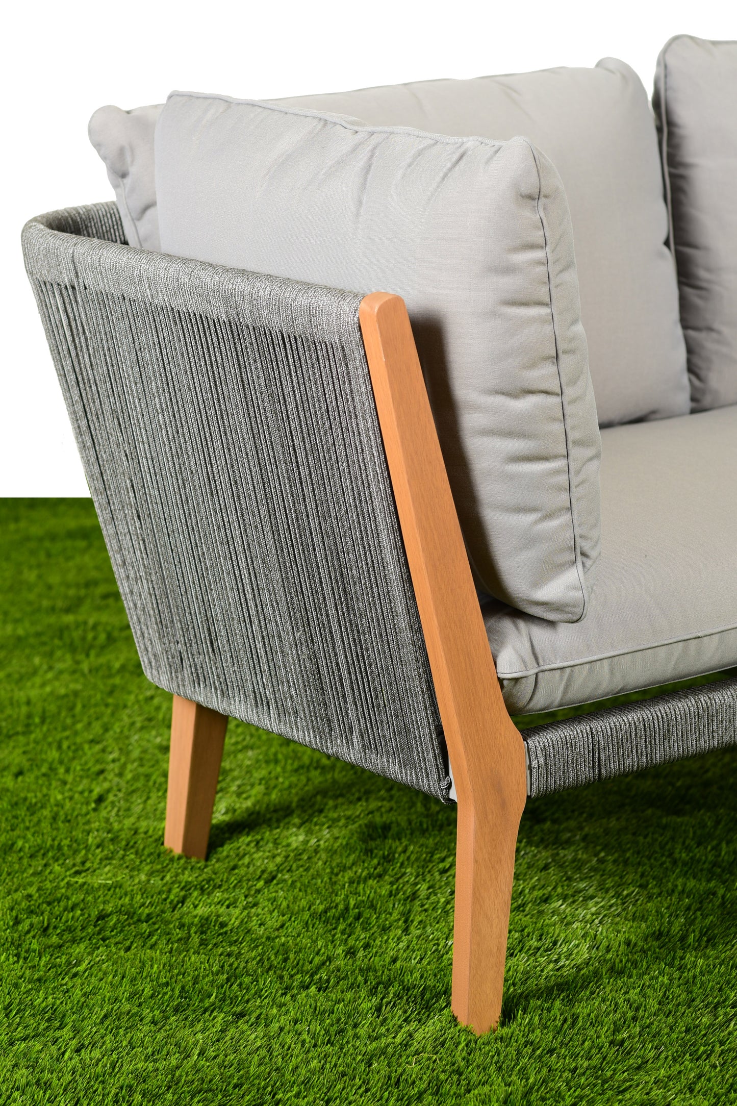 WAS $2499. NOW $999. . BRAND NEW Grey Conversation Set 100% FSC Solid Teak Finish Wood Legs & Olefin, Ideal Furniture For Outdoor