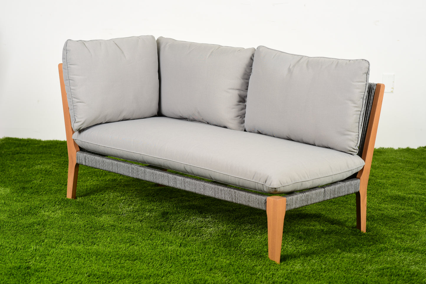 WAS $2499. NOW $999. . BRAND NEW Grey Conversation Set 100% FSC Solid Teak Finish Wood Legs & Olefin, Ideal Furniture For Outdoor