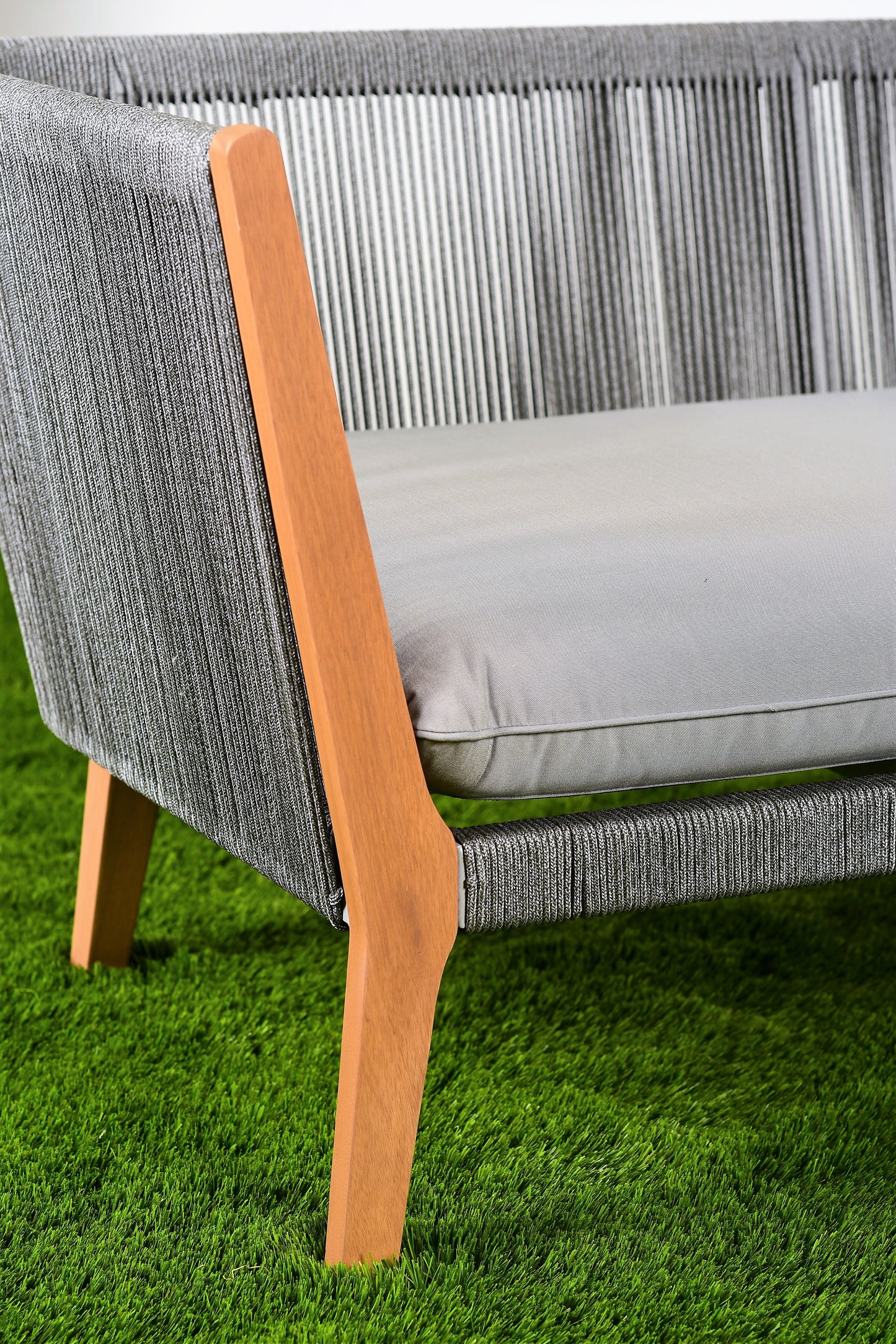 WAS $2499. NOW $999. . BRAND NEW Grey Conversation Set 100% FSC Solid Teak Finish Wood Legs & Olefin, Ideal Furniture For Outdoor