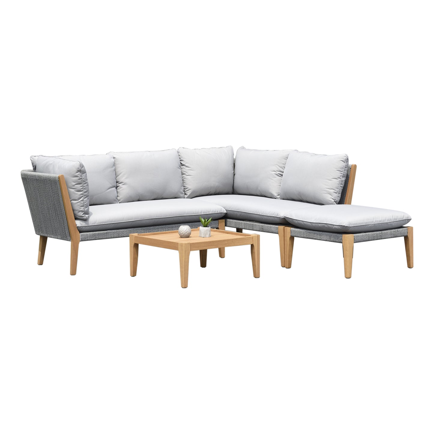 WAS $2499. NOW $999. . BRAND NEW Grey Conversation Set 100% FSC Solid Teak Finish Wood Legs & Olefin, Ideal Furniture For Outdoor