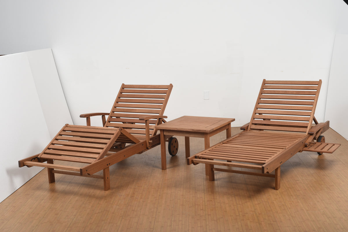 WAS $999 NOW $699 BRAND NEW 3-Piece Wood Slatted Chaise Lounge Set with Wheels - Patio Sunlounger Set