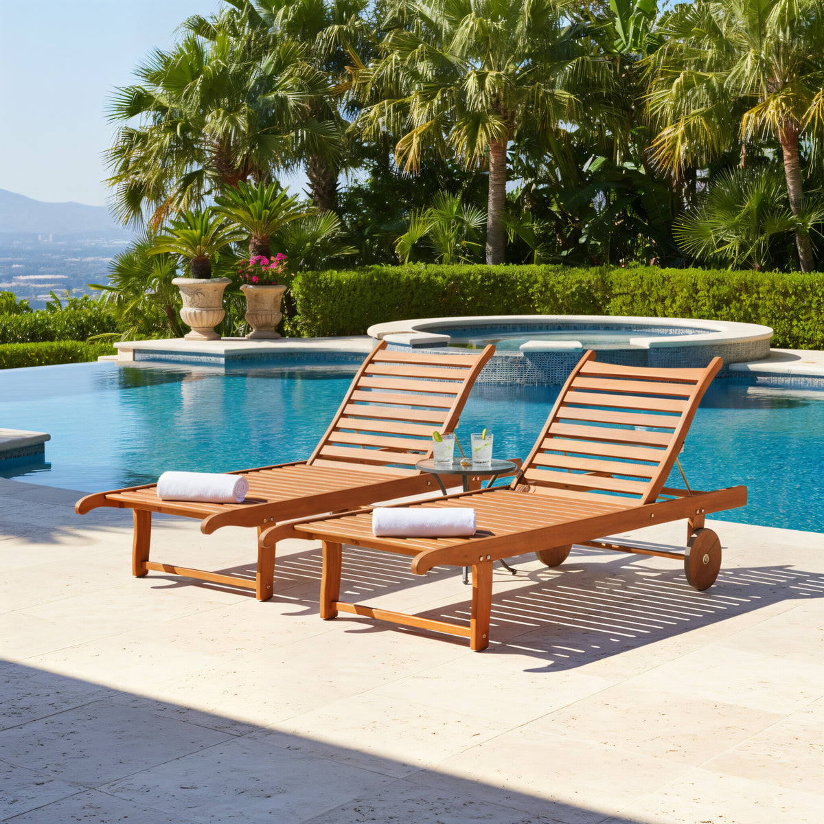 WAS $499 NOW $349 BRAND NEW 2-Piece Wood Chaise Lounge Set with Wheels - Patio Sunlounger Set