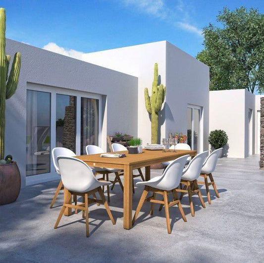 WAS $1999 NOW $1047 *BRAND NEW*  9 Piece 100% FSC Solid Wood Table With White Chair Patio & Outdoor Dining Set