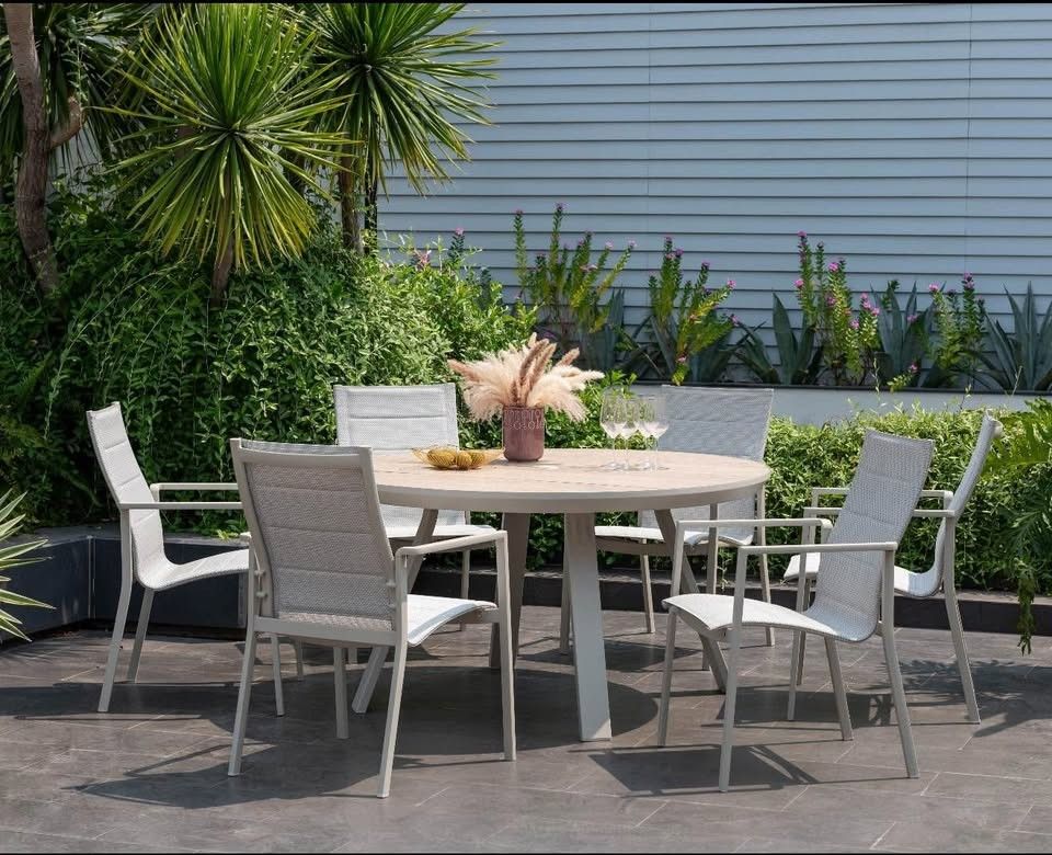 WAS $2449 NOW $1225 BRAND NEW 7-Piece Patio Round Dining Set - Aluminum Beige Outdoor Table and Chair Set