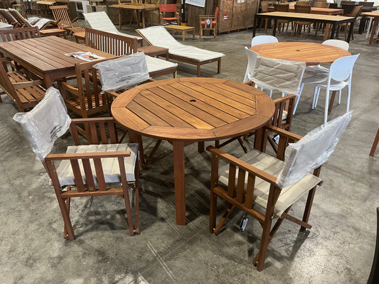 WAS $899 NOW $599 OPEN BOX (never used) 5 Piece Round 100% FSC Certified Wood Table Outdoor Dining Set
