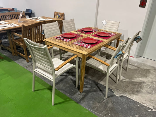 WAS $1999 NOW $1299 *BRAND NEW* OPEN BOX Rectangular 100% FSC Certified Teak Wood Table & Die-Cast Aluminium Chairs Outdoor Dining Set