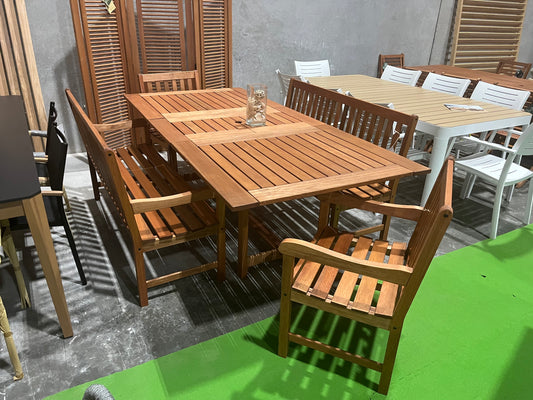 WAS $1699 NOW $1399 Open Box (Never used) 5 Piece 100% FSC Solid Wood Rectangular With Benches Patio Dining Set