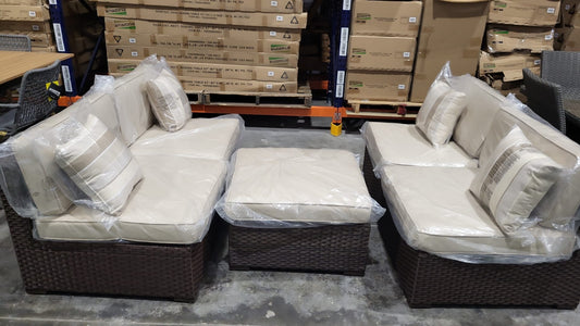 WAS $799 NOW $399 BRAND NEW ORIGINAL PACKAGING OUTDOOR 5-PIECE SECTIONAL SET WITH SUNBRELLA BEIGE CUSHIONS