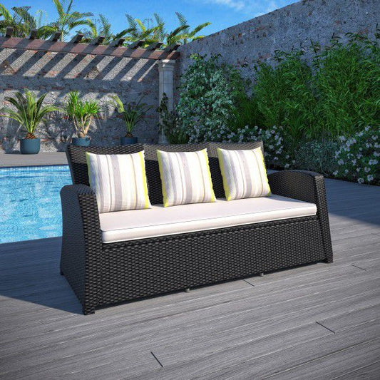 WAS $399 NOW $249 *BRAND NEW* 3- Person Sofa Black Synthetic Wicker Patio | Ideal Furniture For Outdoor