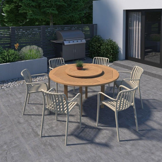 WAS $2599 NOW $1329 BRAND NEW 7 Pieces Round Dining Set With Stackable Chairs, 100% FSC Teak Finish Wood, Ideal Furniture For Outodor & Patio