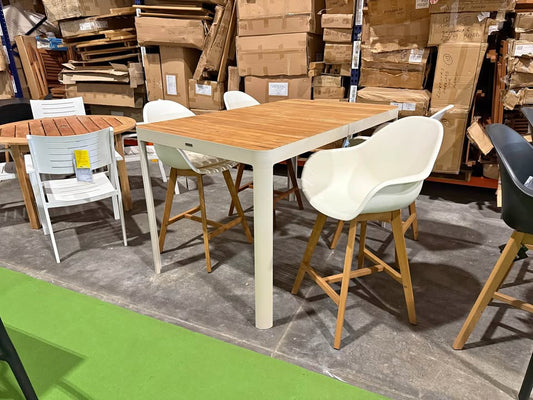 WAS $1199 NOW $599 BRAND NEW 5-Piece Patio High Top Table Set - Outdoor Teak and Aluminum Bar Table and Stools