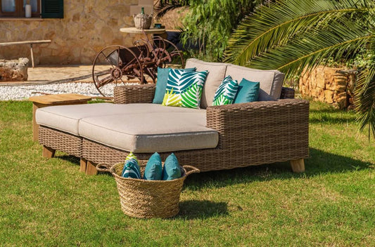 WAS $2399 NOW $1199 BRAND NEW Outdoor Daybed with Cushions - Patio Wicker & Teak Distressed Grey/Brown Sofa Set