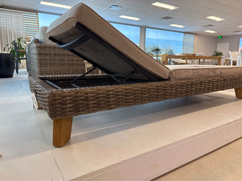 WAS $1399 NOW $699 BRAND NEW Patio Chaise Lounger with Cushion - Wicker & Teak Outdoor Chaise