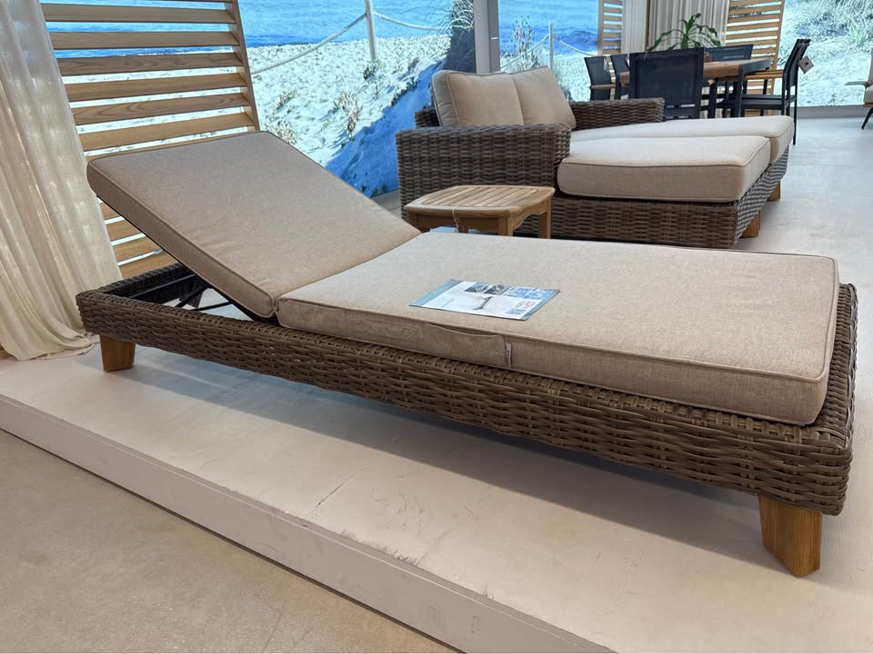 WAS $1399 NOW $699 BRAND NEW Patio Chaise Lounger with Cushion - Wicker & Teak Outdoor Chaise
