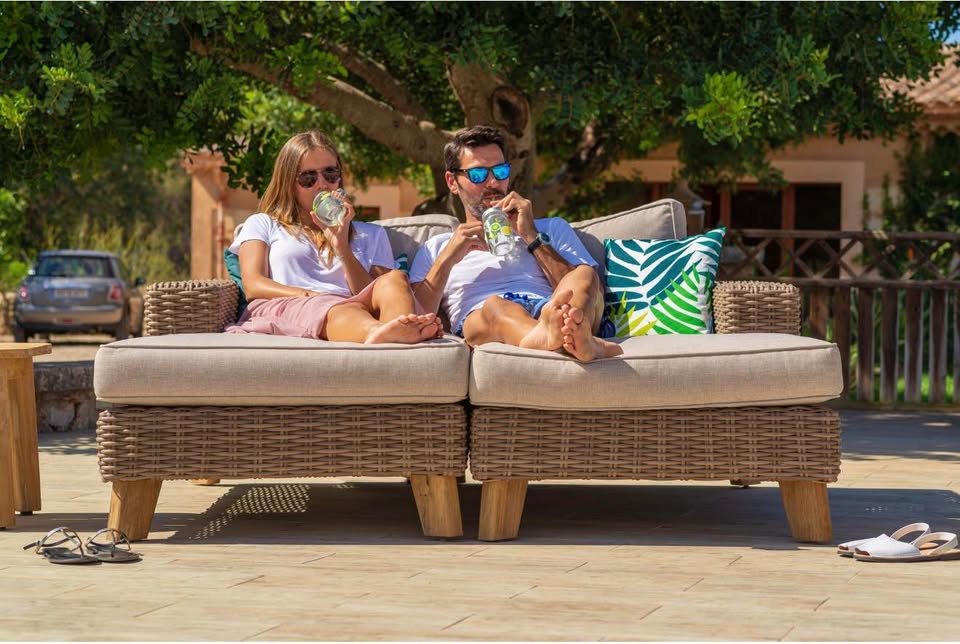 WAS $2399 NOW $1199 BRAND NEW Outdoor Daybed with Cushions - Patio Wicker & Teak Distressed Grey/Brown Sofa Set