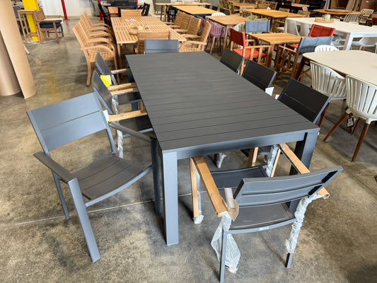 WAS $1199 NOW $599 BRAND NEW OPEN BOX 87" BY 40" ALUMINUM TABLE WITH 8 STACKABLE CHAIRS
