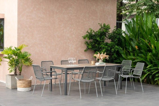 WAS $3399 NOW $1859 BRAND NEW 9 Piece Outdoor Rectangular Dining Set With Grey Chairs, Aluminum & Rope Patio Set
