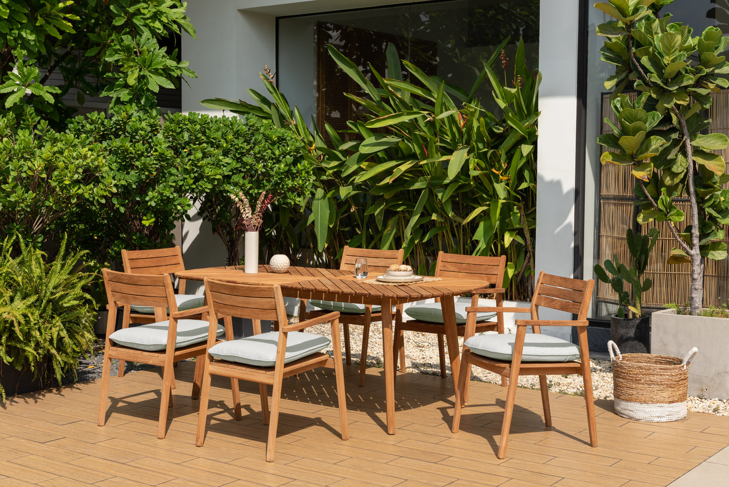 7 Piece Rectangular Dining Set, Made of Teak Wood and Olefin Cushions, Furniture Set For Outdoor And Patio