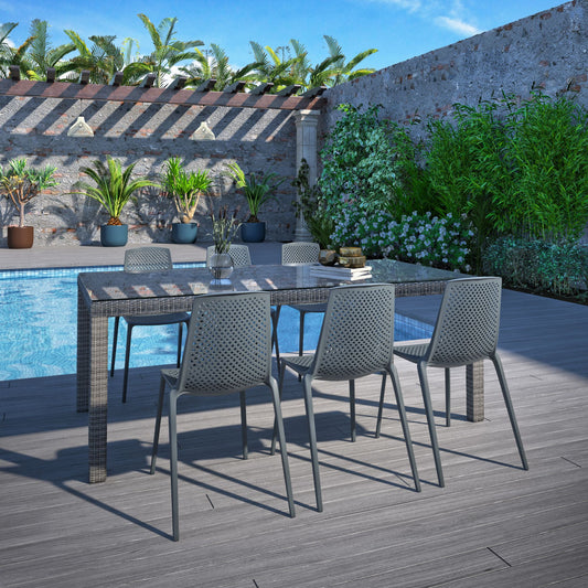 WAS $1299. NOW $599. *BRAND NEW* 7 Piece Rectangular Aluminum and Tempered Glass Table With Grey Chairs Dining Set | Ideal Furniture Set For Outdoor