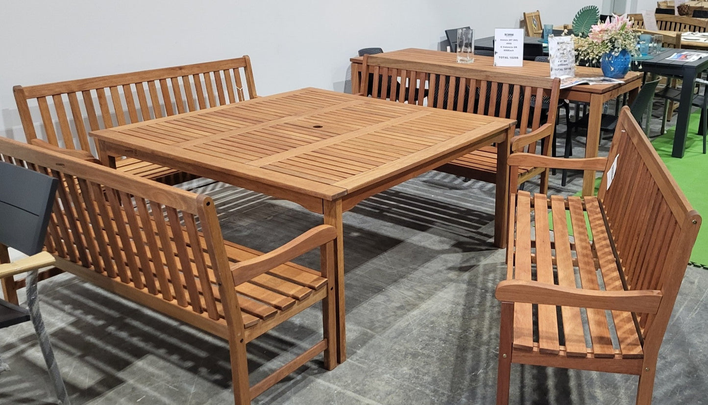 WAS $1399 NOW $999 *BRAND NEW* OPEN BOX 5 Piece Square 100% FSC Certified Solid Wood Table With Benches Outdoor Dining Set