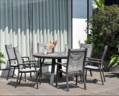 WAS $2510 NOW $1255 BRAND NEW 7 Piece Outdoor Round Dining Set With Grey Chairs, Aluminum Patio Table and Chairs