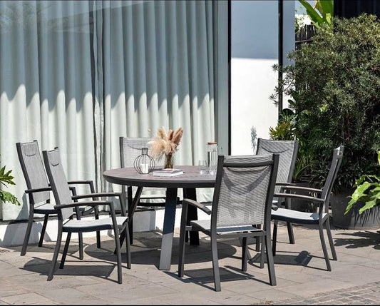 WAS $2510 NOW $1255 BRAND NEW 7 Piece Outdoor Round Dining Set With Grey Chairs, Aluminum Patio Table and Chairs