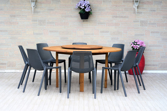 WAS $1799. NOW $899 *BRAND NEW* 7 Piece Round 100% FSC Certified Solid Wood Table With Grey Chairs Dining Set | Ideal Furniture Set for Outdoor
