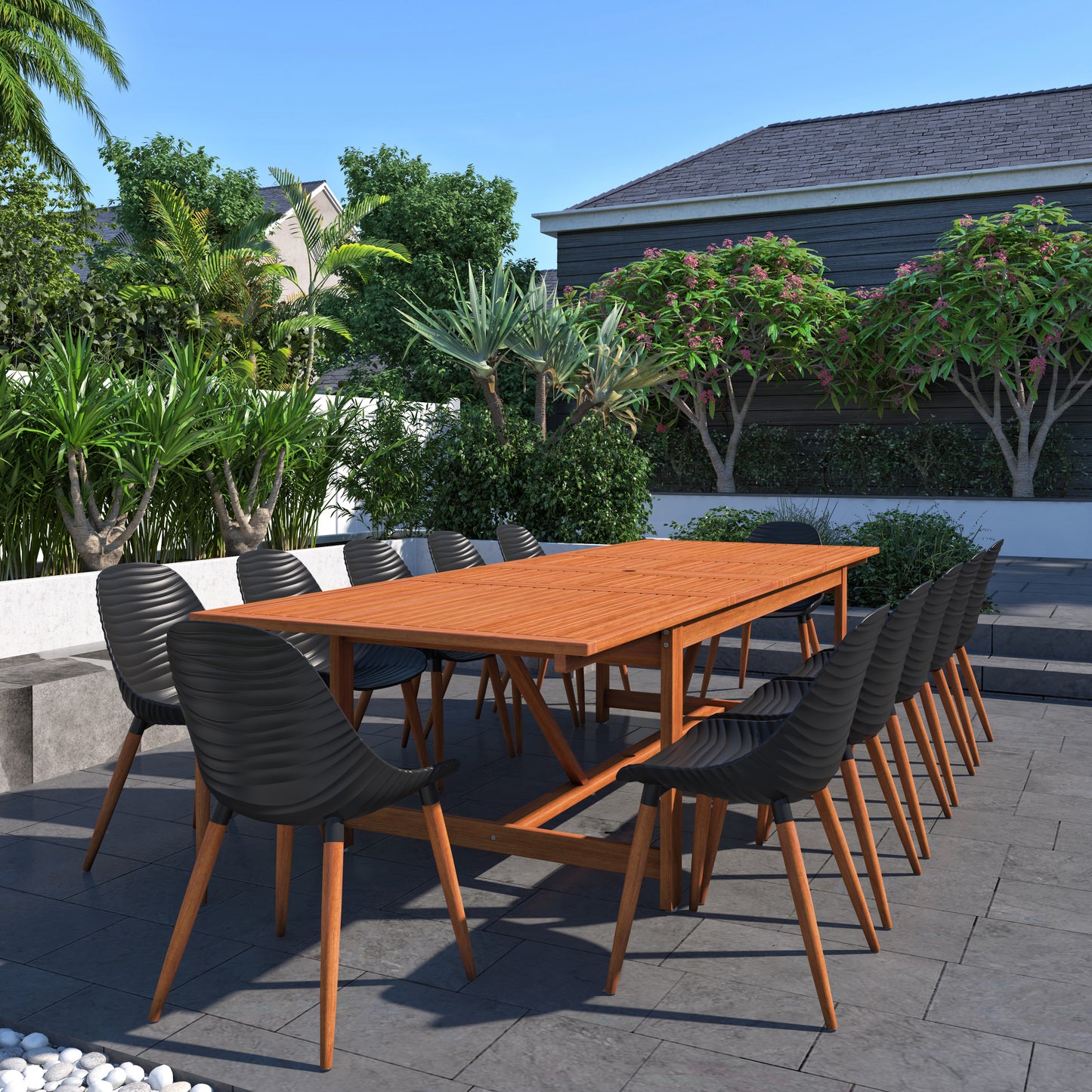WAS $2999 NOW $1999 Brand New Free Shipping 13 Piece Extendable Rectangular With Black Chairs Dining Set | 100% FSC Certified Solid Wood | Ideal Furniture Set For Outdoor