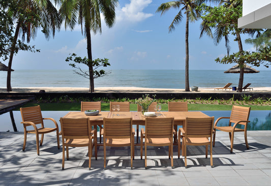 WAS $2999 NOW $1999 *BRAND NEW* 11 Piece Rectangular Extendable 100% FSC Certified Teak Finish Wood Outdoor Dining Set