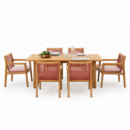 7 Piece Rectangular With Olefin Cushions Chairs Dining Set, Made of Teak Wood, Furniture Set For Outdoor And Patio
