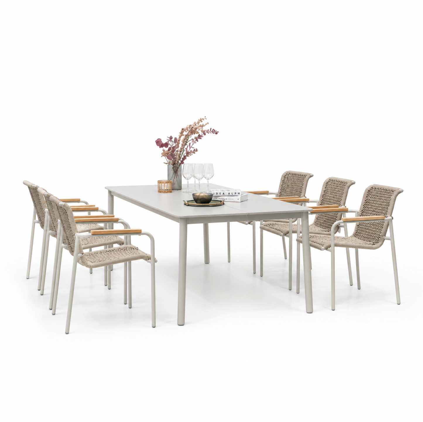 7 Piece Rectangular With Stackable Chairs Dining Set, Made of Die Cast Aluminum, Furniture Set For Outdoor And Patio