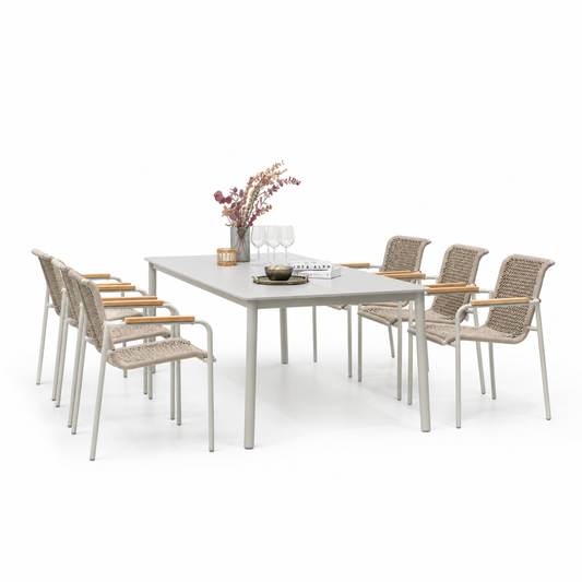 7 Piece Rectangular With Stackable Chairs Dining Set, Made of Die Cast Aluminum, Furniture Set For Outdoor And Patio