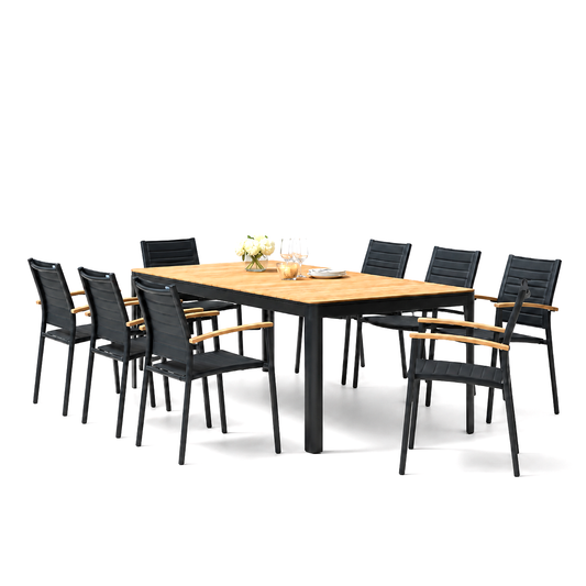 9 Piece Rectangular Dining Set, Made of Teak Wood and Die Cast Aluminum, Furniture Set For Outdoor And Patio