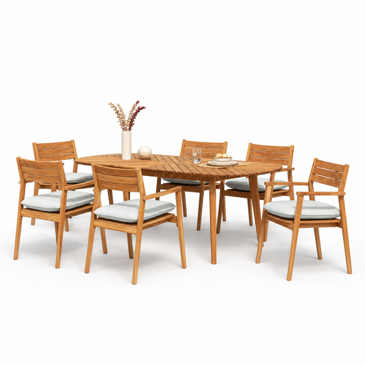 7 Piece Rectangular Dining Set, Made of Teak Wood and Olefin Cushions, Furniture Set For Outdoor And Patio