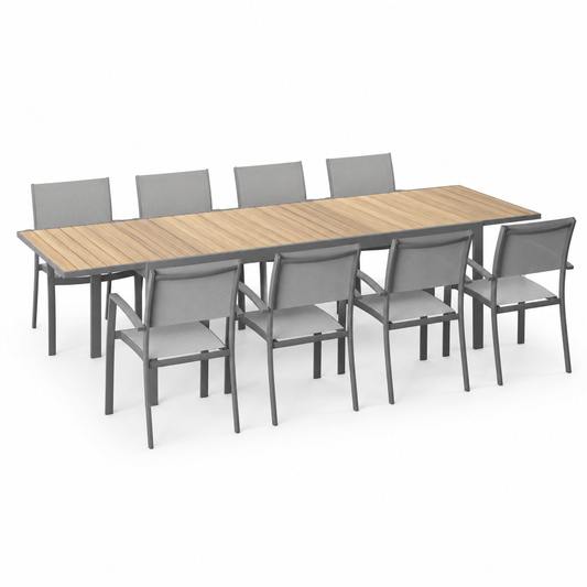 9 Piece Rectangular Extendable With Stackable Chairs Dining Set, Made of Die Cast Aluminum, Furniture Set For Outdoor And Patio