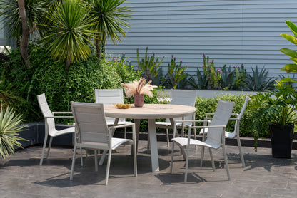 7 Piece Round Dining Set With Stackable Chairs, Made of Die-Cast Aluminum Furniture Set For Outdoor And Patio