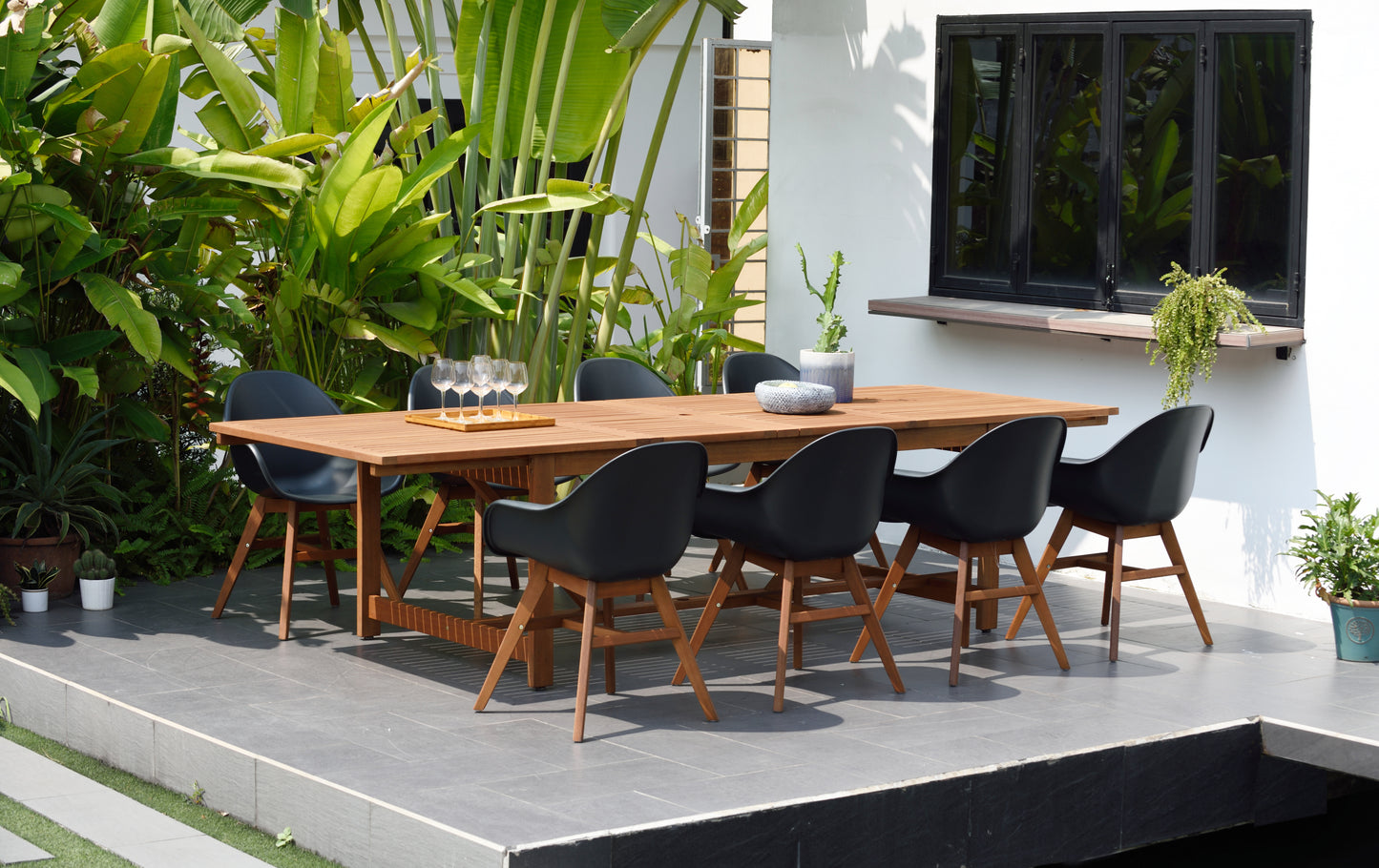 WAS $2599 NOW $1699 Brand New Free Shipping 9 Piece Extendable Rectangular With Black Chairs Dining Set | 100% FSC Certified Solid Wood | Ideal Furniture Set For Outdoor