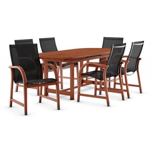 7 Piece Oval Extendable Dining Set With Weather Net Chairs, Made Of 100% FSC Wood, Furniture Set For Outdoor And Patio